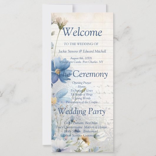 Dusty Blue Wildblume Wedding Program (Vorderseite)
