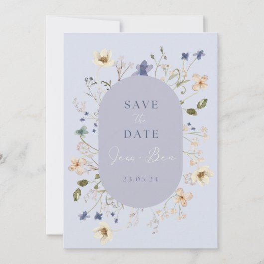 Dusty Blue Wildblume Wedding Save the Date Cards (Vorderseite)