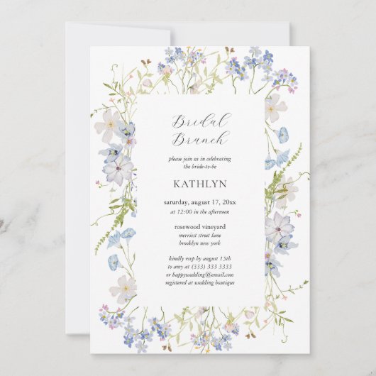 Dusty Blue Wildblume Whimsical Bridal Brunch Einladung (Vorderseite)