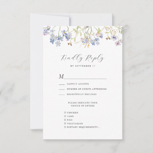 Dusty Blue Wildblume Whimsical Modern Wedding RSVP Karte (Vorderseite)