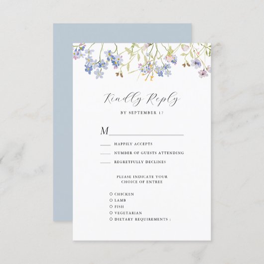 Dusty Blue Wildblume Whimsical Modern Wedding RSVP Karte
