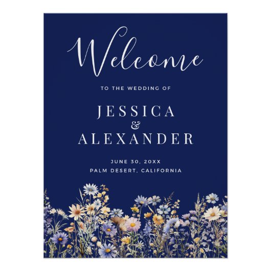 Dusty Blue Wildblumen 24x36 Navy Wedding Welcome Poster (Vorderseite)