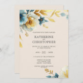 Dusty Blue Wildblumen Beige Elegante Hochzeit Einladung (Vorne/Hinten)