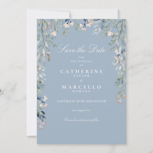 Dusty Blue Wildblumen Blumenhochzeit Foto Save The Date (Vorderseite)