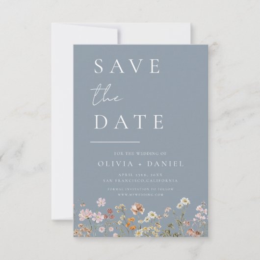 Dusty Blue Wildblumen Boho Save the Date (Vorderseite)