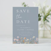 Dusty Blue Wildblumen Boho Save the Date (Stehend Vorderseite)