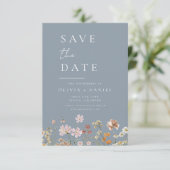 Dusty Blue Wildblumen Boho Save the Date (Stehend Vorderseite)
