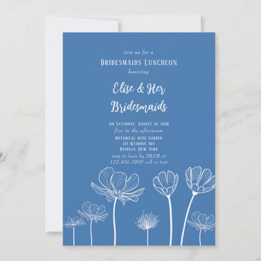Dusty Blue Wildblumen Bridesmaids Luncheon Einladung (Vorderseite)