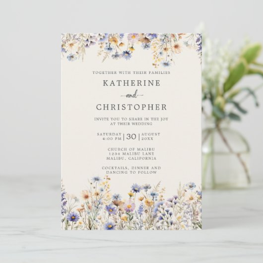 Dusty Blue Wildblumen Budget Elfenbeinhochzeit Einladung (Stehend Vorderseite)