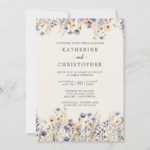 Dusty Blue Wildblumen Budget Elfenbeinhochzeit Einladung
