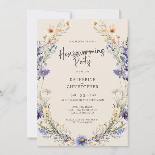 Dusty Blue Wildblumen Custom Housewarming Party Einladung (Vorderseite)
