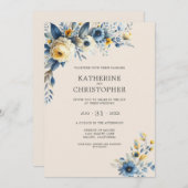 Dusty Blue Wildblumen Elegant Beige Wedding Einladung (Vorne/Hinten)