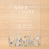 Dusty Blue Wildblumen Elegant Wedding Rett Date Acryleinladungen (Vorderseite)