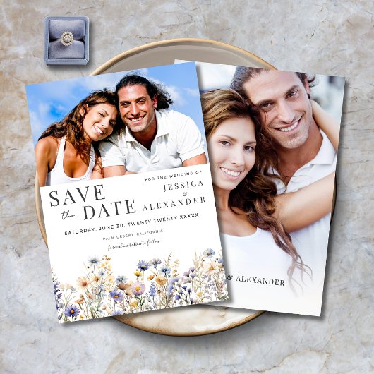 Dusty Blue Wildblumen Elegant Zwei-Foto Hochzeit Save The Date