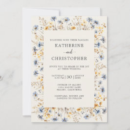 Dusty Blue Wildblumen Elegante Elfenbeinhochzeit Einladung