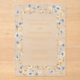Dusty Blue Wildblumen Elegante Hochzeit Acryleinladungen