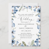 Dusty Blue Wildblumen Elegante Hochzeit Einladung (Vorderseite)