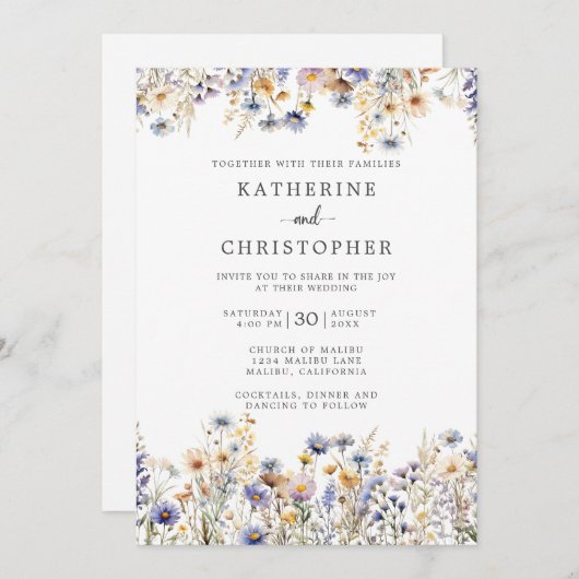 Dusty Blue Wildblumen feierliche Hochzeit Einladung