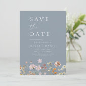 Dusty Blue Wildblumen Foto Boho Save the Date (Stehend Vorderseite)