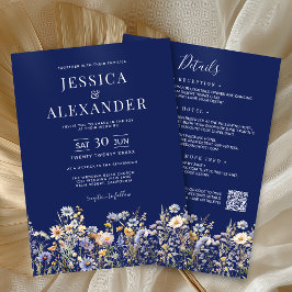Dusty Blue Wildblumen in einer QR Navy Hochzeit Einladung