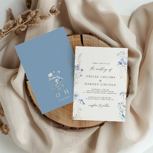Dusty Blue Wildblumen Monogram Wedding Einladung
