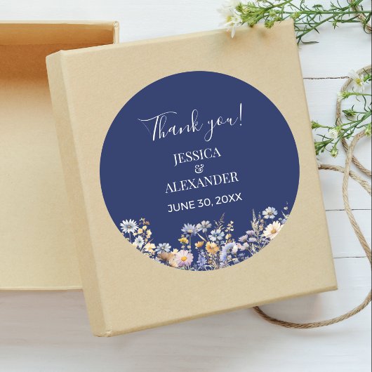 Dusty Blue Wildblumen Navy Hochzeit Vielen Dank Runder Aufkleber