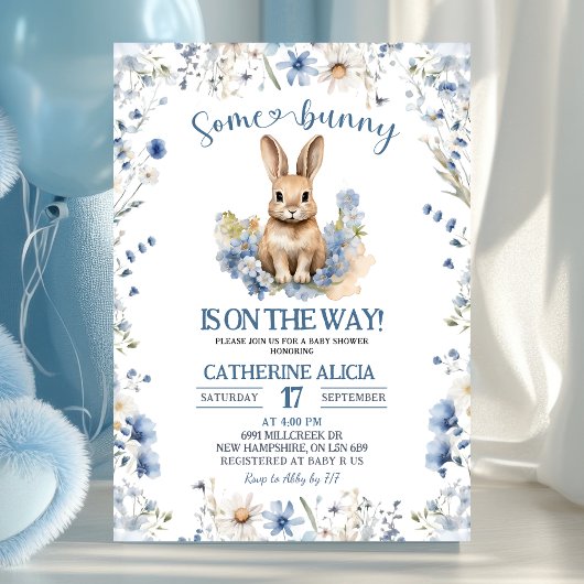 Dusty Blue Wildflower Bunny baby shower Einladung