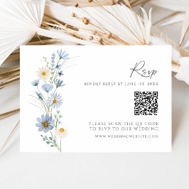 Dusty Blue Wildflower QR Code Wedding RSVP Karte