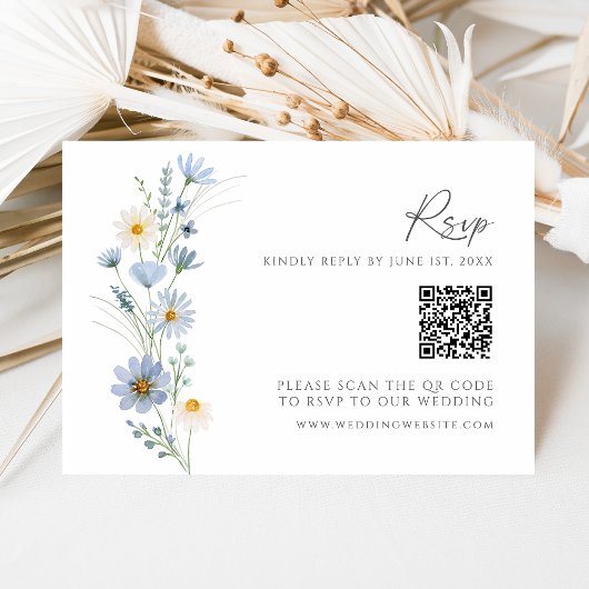 Dusty Blue Wildflower QR Code Wedding RSVP Karte