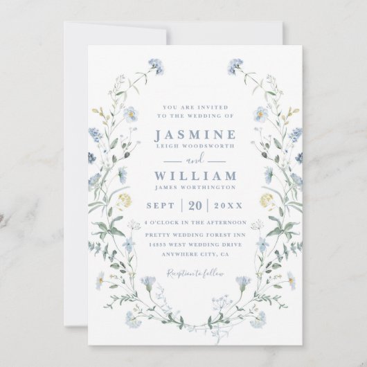 Dusty Blue Wildflower Rustic Boho QR Code Wedding Einladung (Vorderseite)