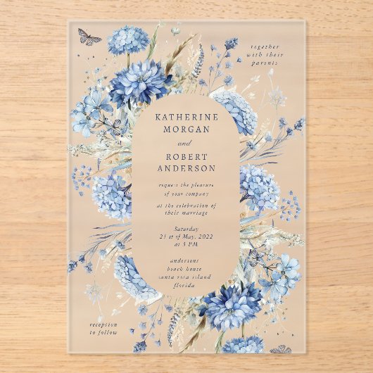 Dusty Blue Wildflower Wedding Invitation Acryleinladungen (Vorderseite)