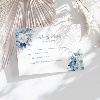 Dusty Blue Wildflower Wedding RSVP White Back Karte