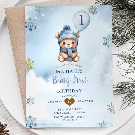 Dusty Blue Winter Beary Erster Geburtstag Snowflak Einladung