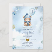 Dusty Blue Winter Beary Erster Geburtstag Snowflak Einladung (Vorderseite)
