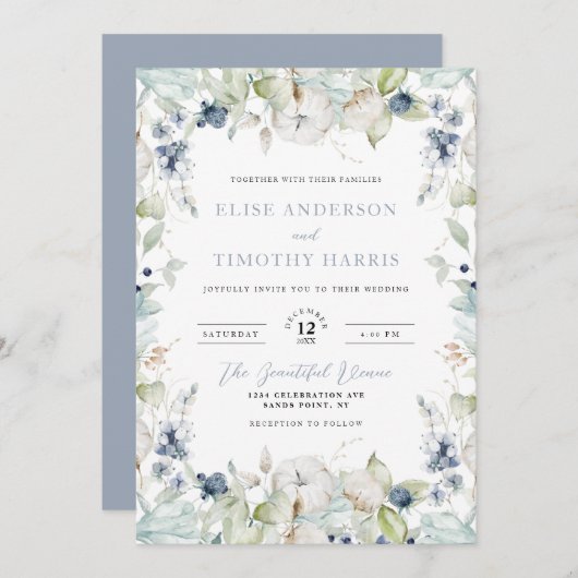 Dusty Blue Winter Floral Frame Wedding Einladung (Vorne/Hinten)