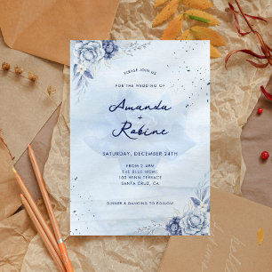 Dusty Blue Winter Floral Wedding Einladung