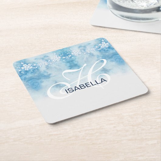 Dusty Blue Winter Script Calligraphy Monogram Rechteckiger Pappuntersetzer (angewinkelt)