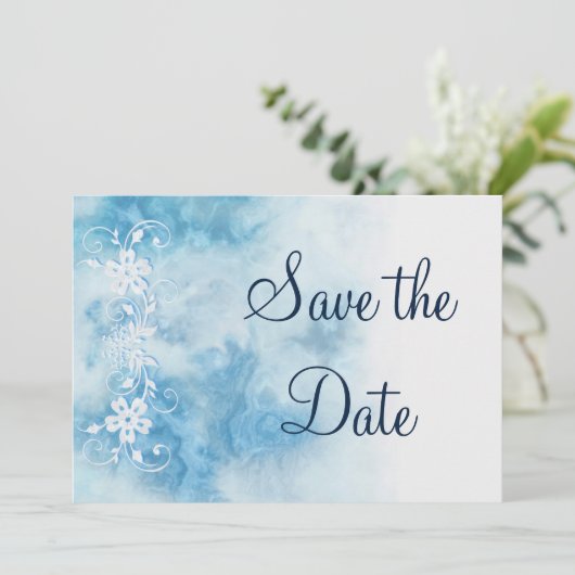 Dusty Blue Winter Script Calligraphy Save the Date (Stehend Vorderseite)