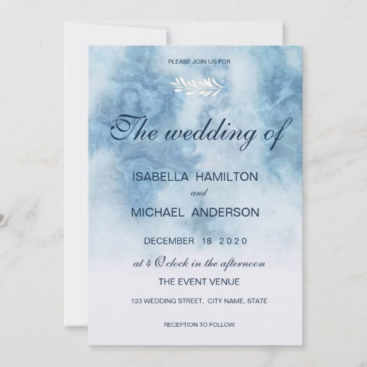 Dusty Blue Winter Script Calligraphy White Branch Einladung (Vorderseite)