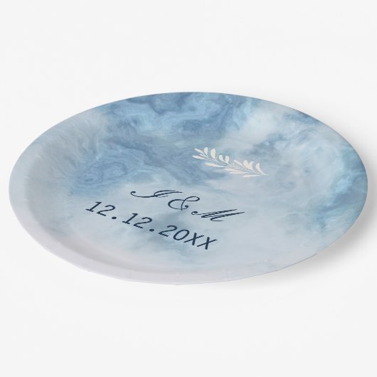 Dusty Blue Winter Script Calligraphy White Branch Pappteller (Schrägansicht)