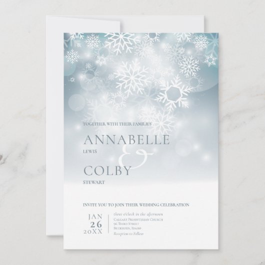 Dusty Blue Winter Snow Modern Wedding Einladung (Vorderseite)