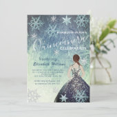 Dusty blue Winter Wunderland Glitzer Kleid Einladung (Stehend Vorderseite)