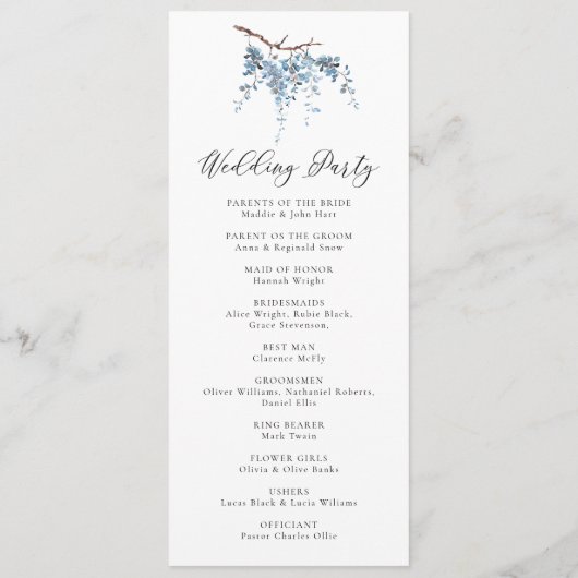 Dusty Blue Wisteria Blume Frühblühende Hochzeit Programm (Rückseite)