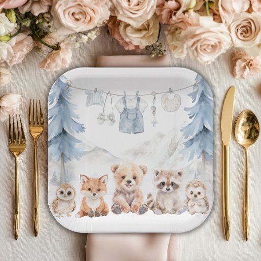 Dusty Blue Woodland Adventure Awaits Baby Shower Pappteller