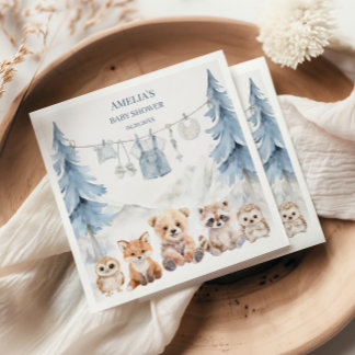 Dusty Blue Woodland Adventure Awaits Baby Shower Serviette