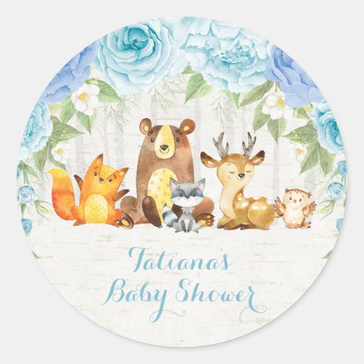 Dusty Blue Woodland Baby Animals Vielen Dank Runder Aufkleber (Vorderseite)