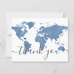 Dusty Blue World Map and Beach Wedding Foto Dankeskarte
