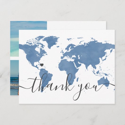 Dusty Blue World Map and Beach Wedding Foto Dankeskarte (Vorne/Hinten)