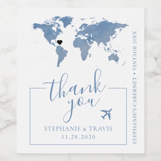 Dusty Blue World Travel Map mit beweglichem Herzen Weinetikett (Einzelnes Label)