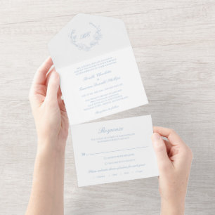 Dusty Blue Wreath Monogram Elegant Wedding All In One Einladung